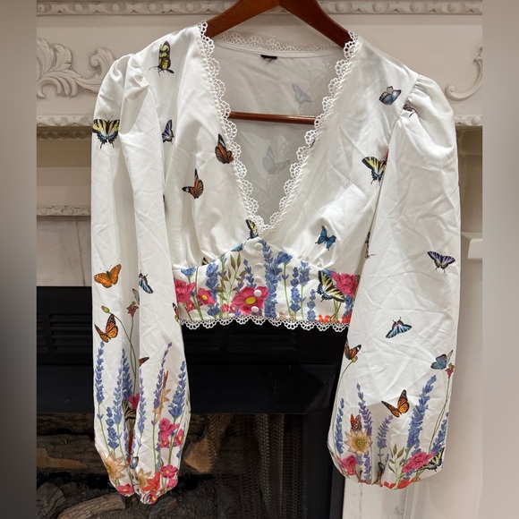 Tops - Fairycore Boho Butterfly & Floral Lace Crop Top Fairycore Romantic